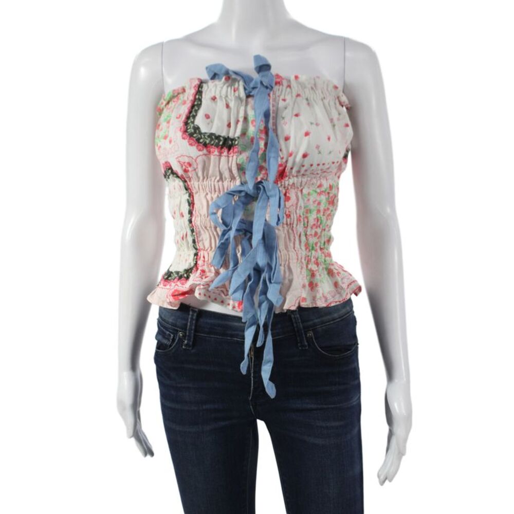 Damson Madder Women Cropped Off Shoulder Floral Blouse Blue Sleeveless Size 10
